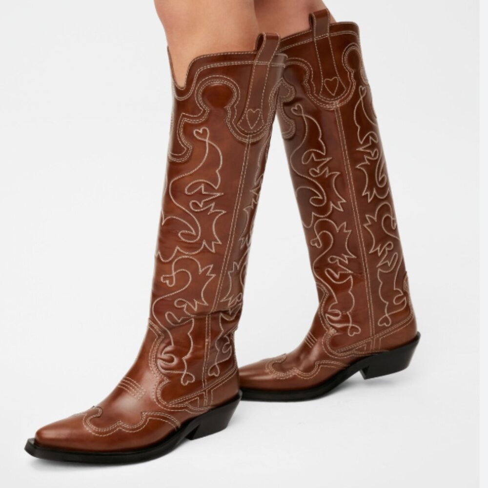 Ganni Brown, KNEE HIGH EMBROIDERED WESTERN BOOT 40, NIB